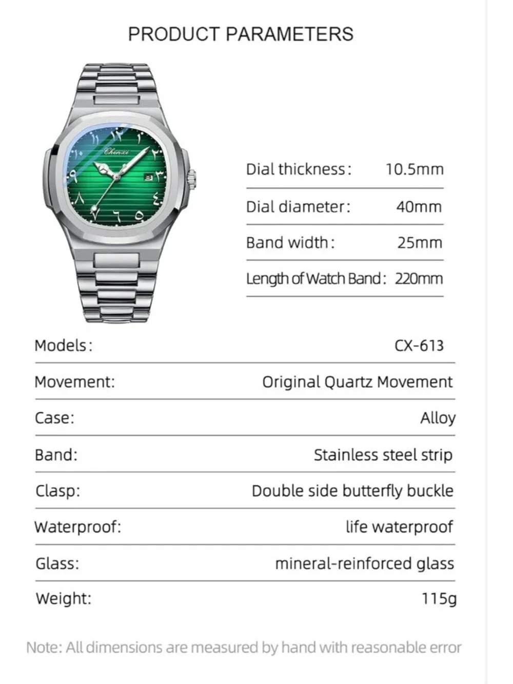 Men's Silver Green Stainless Steel Strap Quartz Movement Waterproof Wrist Watch